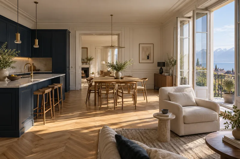Illustration d’un appartement lumineux, avec une cuisine bleu nuit, des boiseries et un parquet en chêne